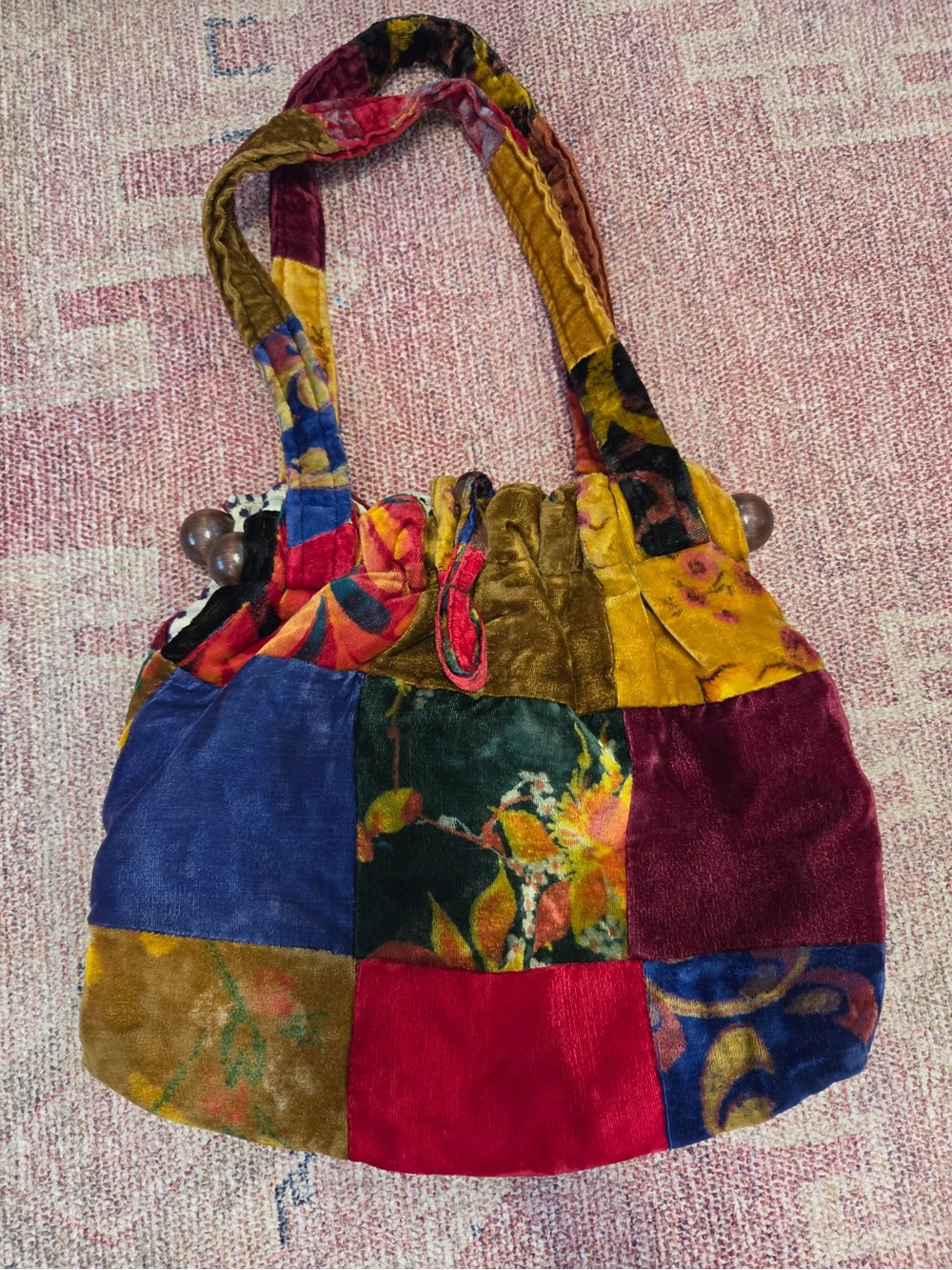 Velvet patchwork handmade tote bucket bag with wood bar detail. OOAK